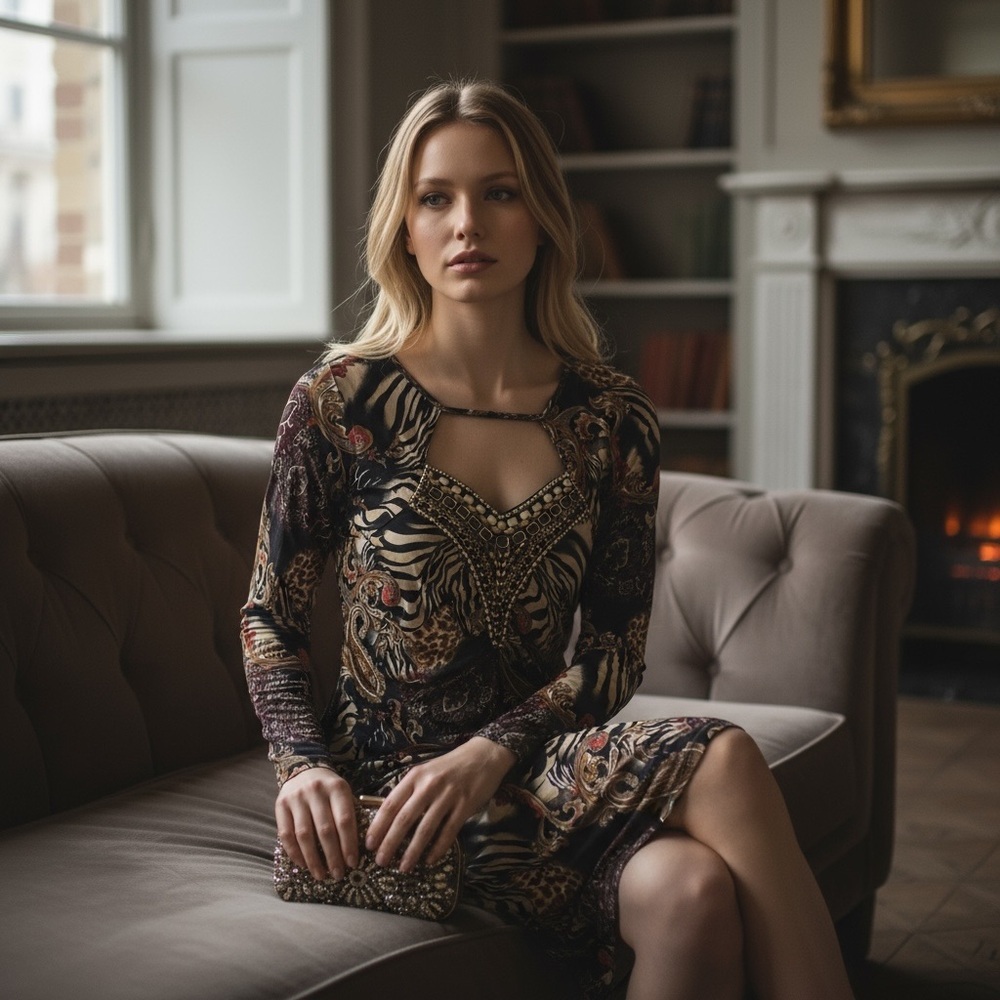 Boston Proper Black and Brown Animal Print Long Sleeve Dress - Picture 2 of 9